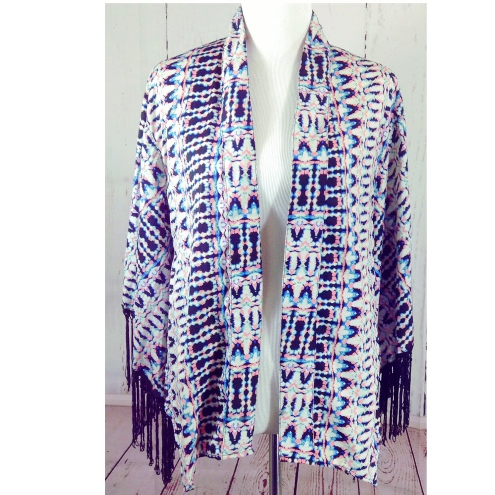 Pink & Blue Tie Dye Fringe Kimono